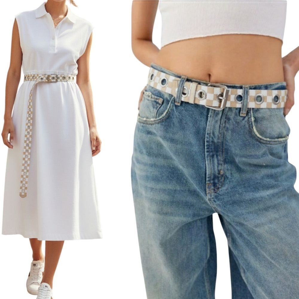 Beige white checkered grommet belt size M